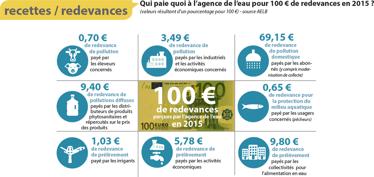 Schéma de répartition des redevances collectées par l'agence de l'eau Loire-Bretagne pour un montant de 100 € en 2015.
