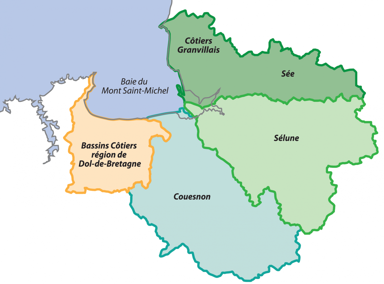 Carte d'illustration des 4 Sage de la baie du Mont Saint-Michel : bassins côtiers de Dol-de-Bretagne, Couesnon, Sélune, Sée et côtiers Grandvillais