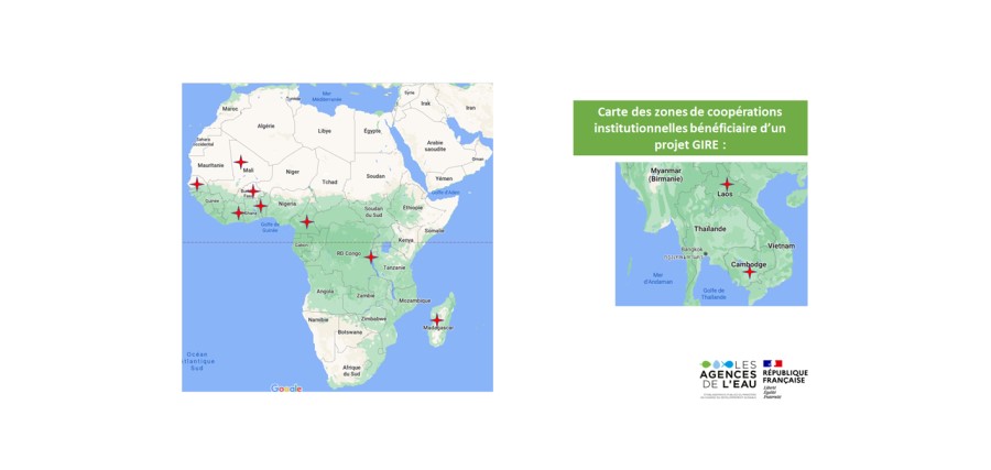 Carte montrant la localisation des 10 bassins hydrographiques où les agences de l'eau accompagnent la mise en place d'une gestion intégrée des ressources en eau (GIRE) . En Afrique ils sont dans les pays suivants : Sénégal,  Mali, Ghana, Burkina faso, République démocratique du Congo, Cameroun, Togo, Bénin. En Asie ils concernent le Laos, le Cambodge